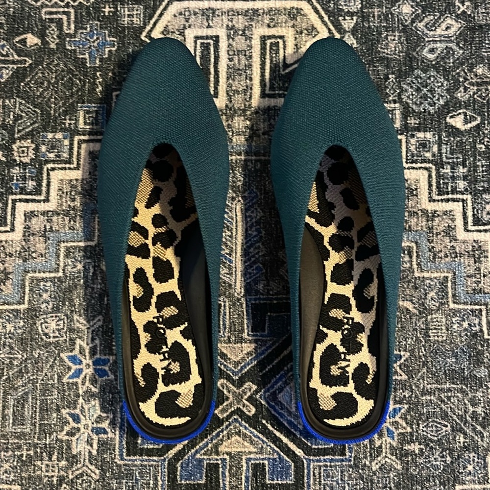 Rothy's Teal Slip-On Mules with Leopard Insole